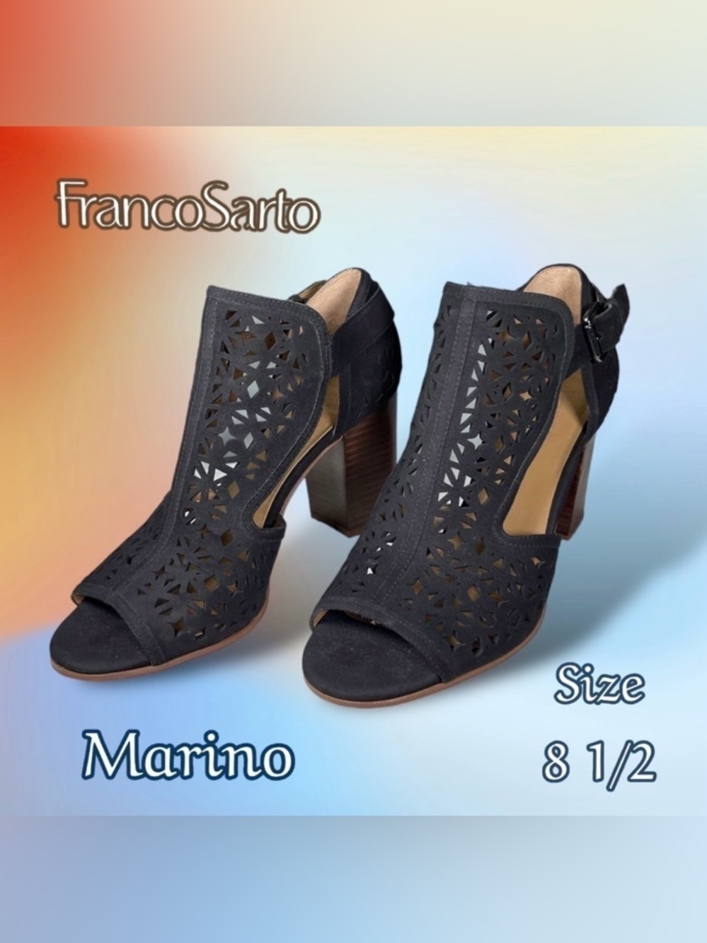 Franco Sarto | Marino Black Laser Cut Block Heel Open Toe Sandals | Size 8 1/2